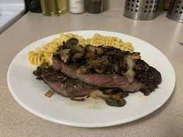 Place steaks on a plate and generously coat with sea salt and pepper. Rib Eye Steak With Grilled Mushrooms And Onions Side Of Homemade Rotini And Cheese Album On Imgur