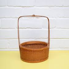 Vintage Bamboo Basket Round Wicker Basket With Handle Small Etsy Bamboo Basket Small Storage Basket Wicker Baskets With Handles
