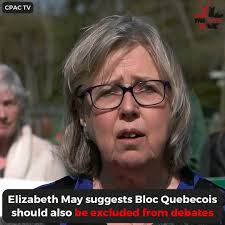 WATCH: After being removed from both official debates by the Leaders'  Debates Commission, Green Party Co-leader Elizabeth May candidly suggests  Bloc Quebecois leader Yves-Francois Blanchet should also be excluded under  the same