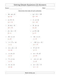 The Solving Simple Linear Equations With Unknown Values Between 9 And 9 And Variables On The Left Writing Linear Equations Literal Equations Linear Equations