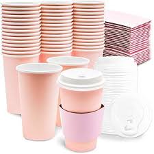 Disposable Paper Insulated Coffee Cups With Lids And Sleeves 16 Oz Blush Pink 48 Pack To Go Coffee Cups Pink Coffee Cups Insulated Coffee Cups