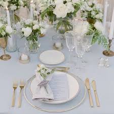 Table cloth may be trimmed. The Most Elegant Grey White And Gold Table Setting Wedding Table Settings Gold Table Setting Wedding Place Settings