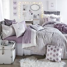 A romantic girlish bedroom with a purple ceiling, floral walls, a lavender bed and stools, curtains, mustard touches. Mad For Medallions Have Sweet Dreams While Tucked In Bed With The Chloe Medallion Duvet Cover And Sham Set Purple Dorm Rooms Dorm Room Decor Bedroom Interior