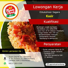 Bagi anda penyuka makanan pedas, ayam geprek dengan sambal yang pedas tentu adalah godaan. Lowongan Kerja Kasir Ayam Geprek Sa I Rembang Lowongan Rembang