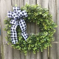 Black And White Buffalo Plaid Ribbon 22 Boxwood Wreath With Bow Boxwood Wreath Wreath Designs Wreaths