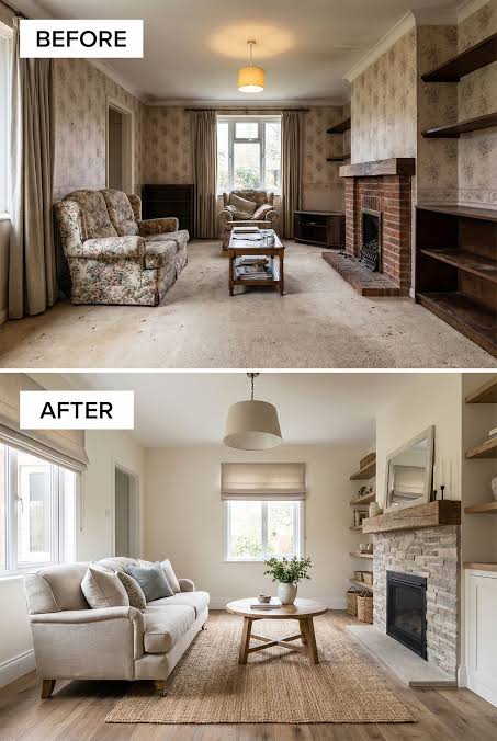 Cleared living room in Mauritius after old furniture has been collected, before new furniture arrives