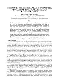 Pdf Pengaruh Model Pembelajaran Kooperatif Tps Nht Dan Stad Terhadap Hasil Belajar Matematika Siswa