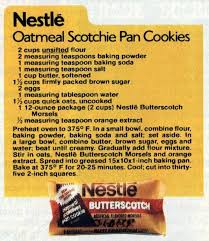Toll House Pan Cookies Recipe Classic Chocolate Chip Cookie Bars From 1982 Recipe Oatmeal Butterscotch Cookies Pan Cookies Oatmeal Cookie Bars