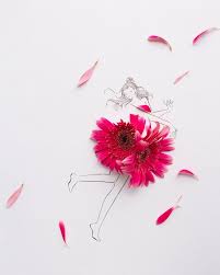 Kawaii face with flowers on green background. Japanese Artist Completes Fashion Illustrations With Flower Petals