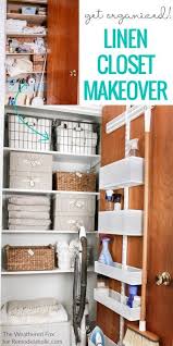 Using a fun, bright pattern on all the shelves is a simple and inexpensive way to make the closet feel more put together. Organized Linen Closet Makeover Linen Closet Organized Organizing Remodelaholic Organizing Linens Linen Closet Makeover Small Linen Closets