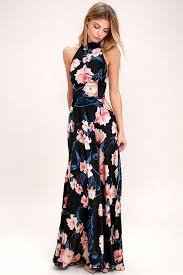 Blooming Garden Black Floral Print Halter Maxi Dress Best Maxi Dresses Floral Maxi Dress Wedding Attire Guest
