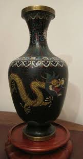 Antique 1800s Handmade Qing Dynasty Chinese Cloisonne Bronze Enamel Dragon Vase Vase Bronze Black And White