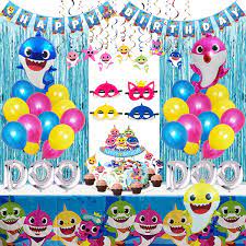 Amazon Com Shark Party Supplies For Baby 77 Pcs Shark Theme Birthday Party Decorations For Kids Includes Shark Masks Hanging Swirl Little Shark Balloons Foil Curtains Table Cloth Banner Toppers Home