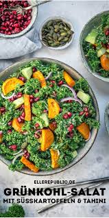 Grunkohl Salat Mit Susskartoffeln Und Tahini Rezept Elle Republic Rezept In 2020 Tahini Rezept Clean Eating Ernahrung Grunkohl