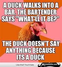 Anti Joke Chicken A Duck Walks Into A Bar The Bartender Says What Ll It Be Anti Jokes Anti Humor Cheesy Jokes