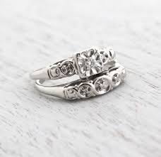 Vintage 14k White Gold Diamond Ring Set Size 6 1 2 1940s Wedding Band Engagement Fine Jewelry Wedding Rings Vintage Antique Wedding Rings Wedding Ring Sets