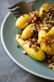 Grilled Baby Yellow Squash With Smoked Almond And Garlic Crumble Fake Food Free Recipe Yellow Squash Recipes Vegan Yellow Squash Recipes Summer Squash Recipes