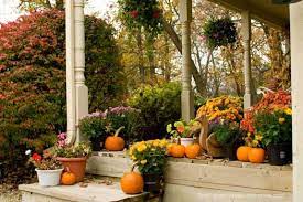 Tipsy pumpkins from birds and blooms. Outdoor Thanksgiving Decorations For Your Front Porch Decorating
