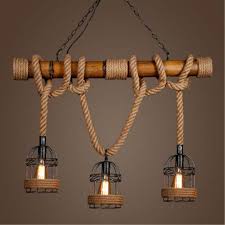 Vintage Bambou Pendentif Lumieres 3 Tetes Chanvre Corde Fer Cage Hagning Lampe Industriel Suspension Vintage Lampe A Suspension Lampes Suspendues Industrielles