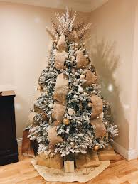 My 2017 Flocked Christmas Tree With Burlap Ribbon White Gold S White Christmas Tree Decorations Christmas Tree Inspiration Christmas Decorations Rustic Tree
