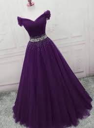 Charming Dark Purple Tulle Long Off The Shoulder Party Dress Long Prom Dress Beaded Party Dress Purple Prom Dress Graduation Dresses Long