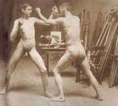 Two nude boys boxing in atelier - Oil Painting