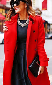 Red Coat Black Leather Clutch Black Dress Necklace Party Outfit Holiday Party Outfit Inspiration Xmas Party Outfits