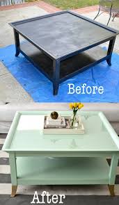 Refinishing the coffee table the top was sanded very lightly to remove the shine. Mint Coffee Table With Gold Feet A Makeover Refurbished Furniture Furniture Makeover Furniture Diy