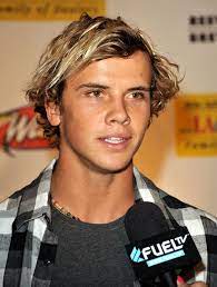 He repsents pink for the cancer. Mens Blonde Surfer Hair Novocom Top