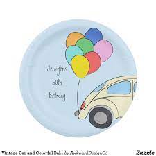 Vintage Car And Colorful Balloons Drawing Birthday Paper Plate Zazzle Com Paper Plates Birthday Colourful Balloons Paper Plates
