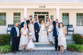 Dresses tops & tees skirts jackets & coats pants & capris. Bride In Striped Hayley Paige Wedding Dress With Groom In Navy Suit Bridal Party On Porch Wedding Inside White Stripes Wedding Striped Wedding