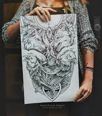 Odin A2 Rapidographs Black Pastel Odin S Wolves Geri And Freki A Pair Of Ravens Huginn And Muninn Yggdrasil O Viking Tattoos Yggdrasil Tattoo Tattoos