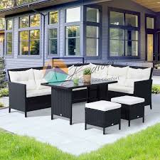 6 Pieces Patio Dining Set Wicker Outdoor Furniture Set Garden Rattan Sofa  Set Outdoor Sectional Couch with Cushions, Dining Table and Ottomans, White