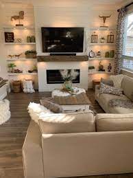 shiplap fireplace wall in 2021 farm house living room built shelves ins tv bracket and shelf