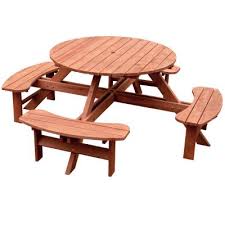 This instructable is for a large diy wooden picnic table which is easier to step in than a traditional picnic table. Round Brown Picnic Tables Patio Tables The Home Depot