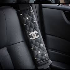36 29 Glitter Chanel Leather Car Safety Belt Cover 2pcs Black In 2020 Steering Wheel Cover Car Covers Seat Belt Cover
