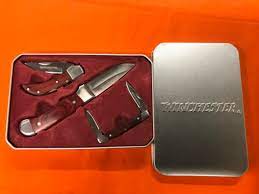Price winchester 3 piece in box 4660213a in tin gift set / winchester knives militaria us. Winchester 3 Piece Wood Handled Knives In Gift Tin