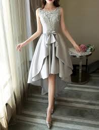 Grey Satin And Lace High Low Party Dress Round Neckline Charming Formal Dress Prom Dress 2019 Grey Party Dresses High Low Party Dresses Classy Dress