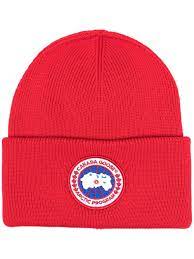 Canada Goose Logo Patch Ribbed Wool Hat Red Patch Logo Beanie Hats Canada Goose Logo
