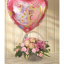 No celebration is complete without balloons! New Baby Girl Basket Balloon Basket Arrangement Same Day Next Day Delivery Les Fleurs Florist