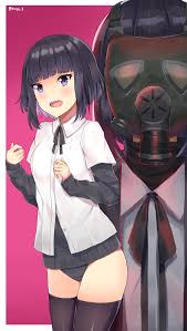 rinse 7, kujou hisui, joshikousei no mudazukai, absurdres, highres, 1girl,  artist name, black hair, black panties, black thighhighs, blue eyes, blush,  breasts, female focus, gas mask, looking at viewer, mask, medium breasts,