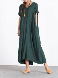 Casual Loose Short Sleeve V Neck Pure Color Maxi Dress For Women Short Sleeve Loose Dress Maxi Dress With Sleeves Maxi Dress Cotton