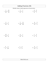 The Adding Fractions With Unlike Denominators B Math Worksheet From The Fractions Worksheets Page Adding Fractions Fractions Worksheets Subtracting Fractions