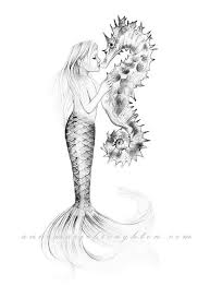 Black And White Mermaid 8x10 Inch Print Little Girl Mermaid Kissing Seahorse Art Unframed Pencil Drawing Illustration Black And White Mermaid Sketch Seahorse Art Mermaid Drawings
