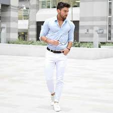 Black And White Pants Men Light Blue Shirt White Pants Black Belt White Shoes White Pants Men White Jeans Men White Pants Outfit