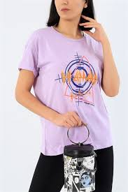 24 95 Tl Lila Duble Kol Baskili Tisort 29272b Modamizbir 2020 Kadin Tisort Moda Stilleri Moda