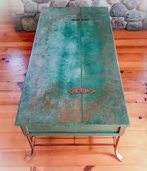 Copper round metal coffee table. Patina Rusted Copper Coffee Table Hinged Tabletop Vintage Coffee Table Lift Top Storage Boho Coffee Green Coffee Tables Blue Coffee Tables Coffee Table