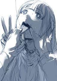 1girls 1other ambiguous gender ambiguous pov bangs blush clothed  clothing commentary english commentary female fern (sousou no frieren)  greyscale hews hews hack highres holding tongue long hair looking up