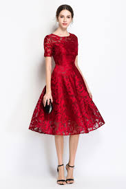 Evening Crewneck Short Sleeve Full Skirt Lace Midi Dress Vestidos De Fiesta Vestidos Formales Para Ninas Ropa Elegante