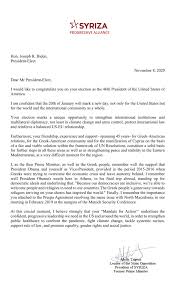 If, for some reason, you opt to send a handwritten letter as a letter to the president is a formal document, so it's best to use a standard business letter format. Congratulation Letter From Alexis Tsipras To President Elect Joe Biden